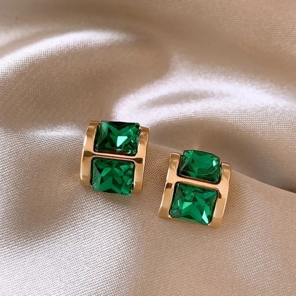 14k Gold Plated Emerald Geometric Square Earrings